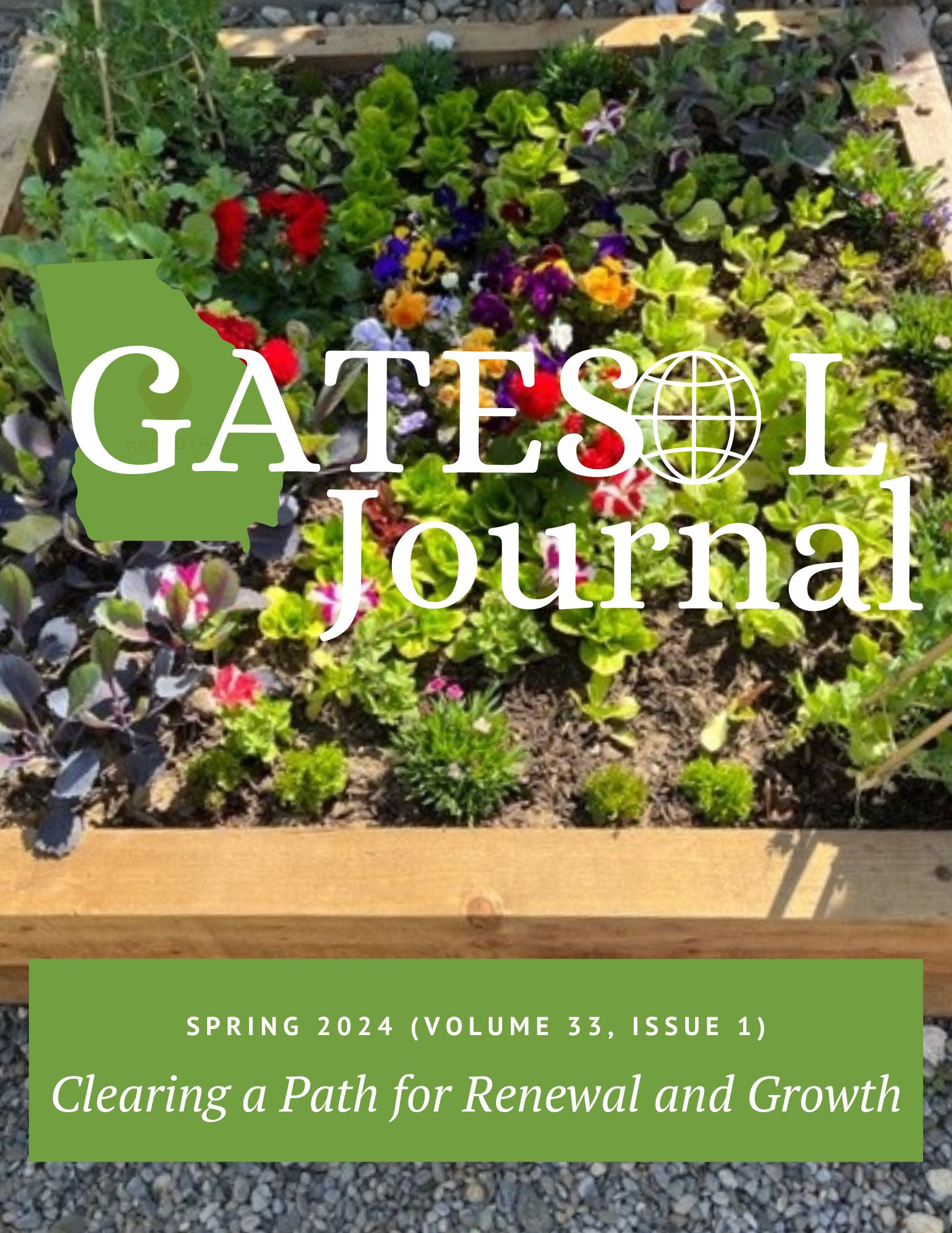 GATESOL Journal logo over a raised garden bed featuring flowers and vegetables