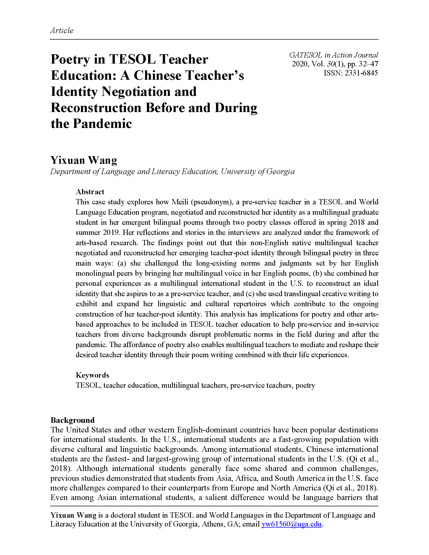 Poetry TESOL Teacher Education (Wang, 2020)
