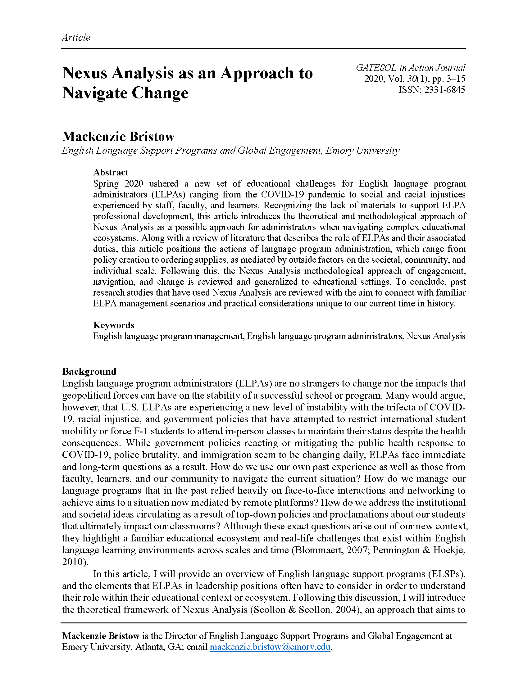 Nexus Analysis to Navigate Change (Bristow 2020)