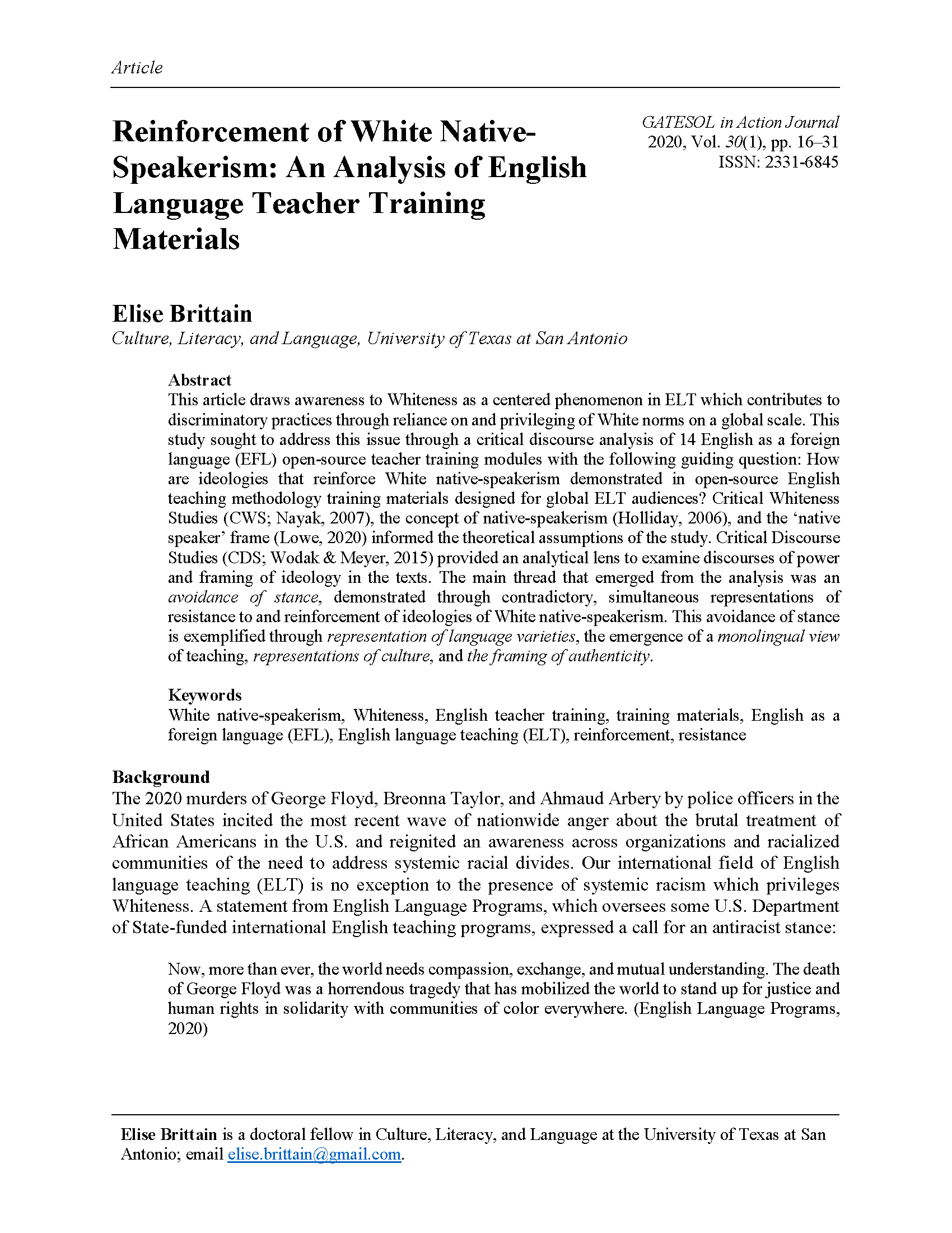 White Native Speakerism (Brittain. 2020)