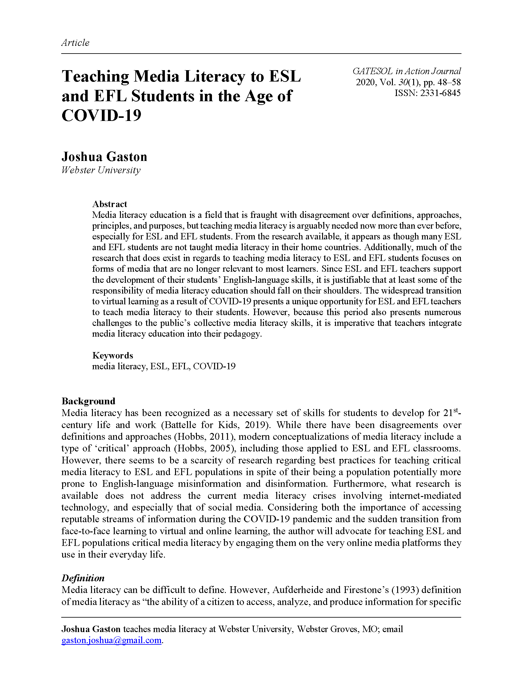 Media Literacy ESL Students (Gaston, 2020)