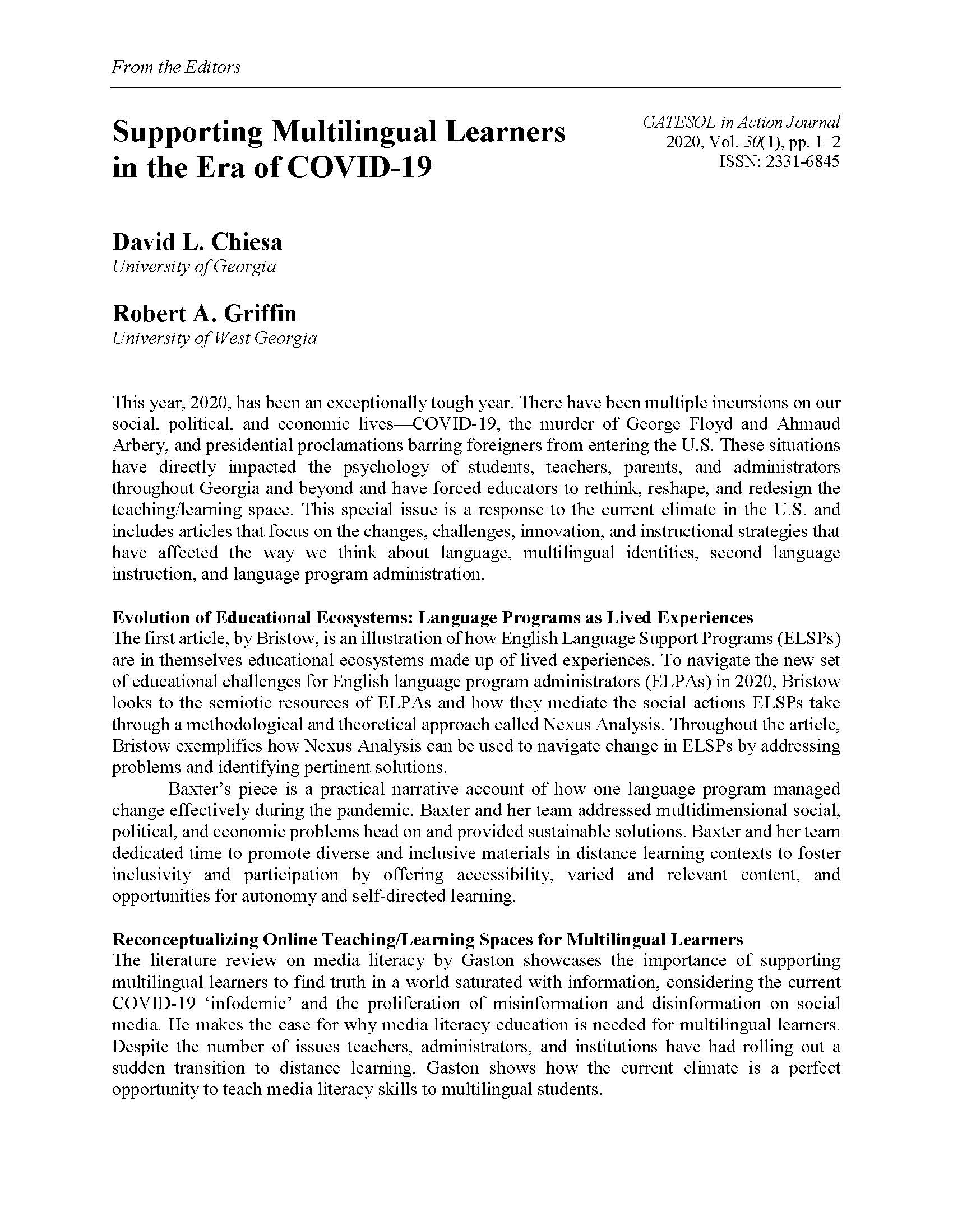 Supporting MLs in COVID-19 (Chiesa & Griffin, 2020)