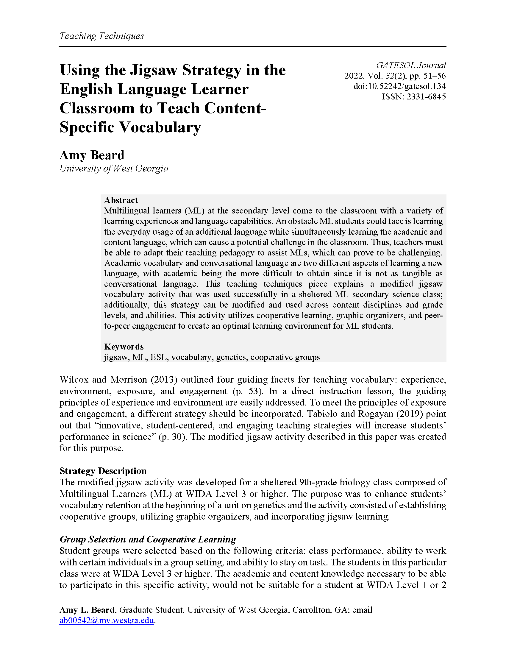 Jigsaw Strategy to Teach Content-Specific Vocabulary (Beard, 2022)