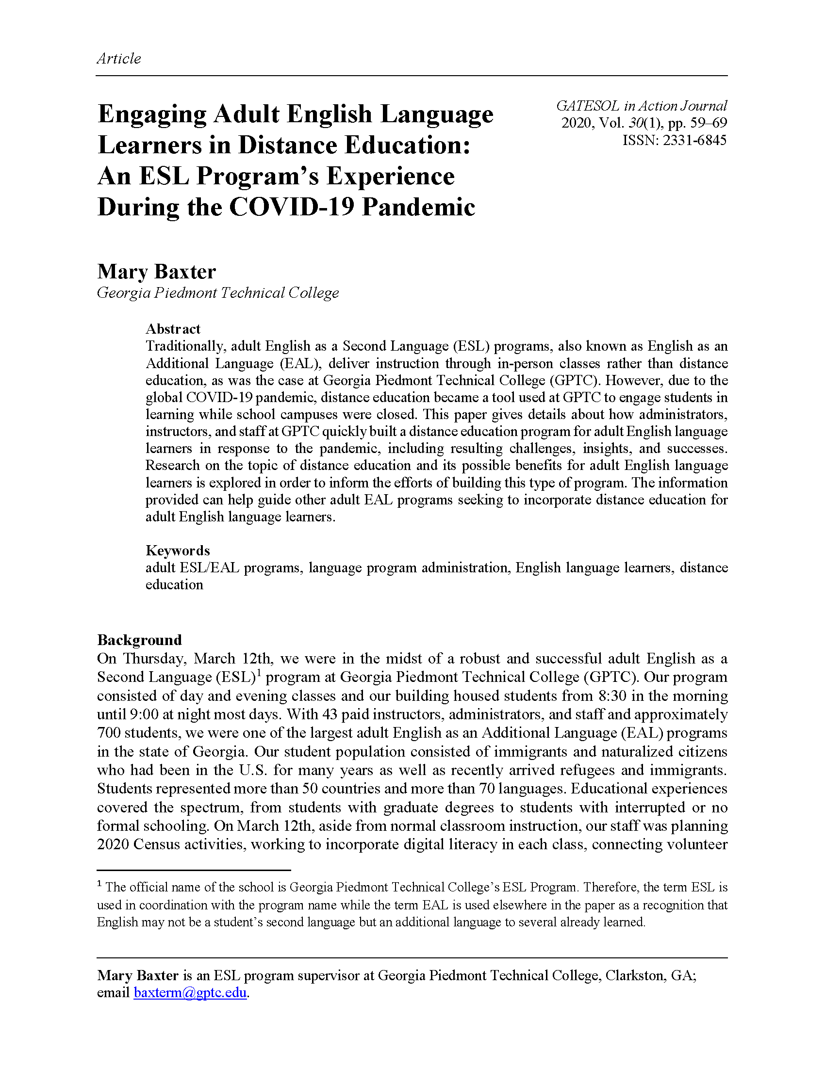 Adult ELL Distance Education (Baxter, 2020)